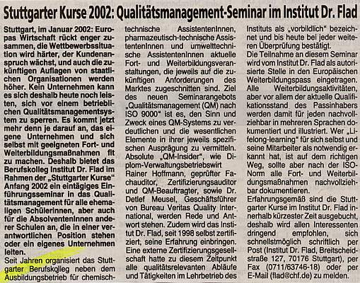 Stuttgarter Kurse 2002: Qualitätsmanagement-Seminar im Institut Dr. Flad