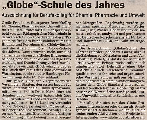 GLOBE-Schule des Jahres: Auszeichnung für Berufskolleg für Chemie, Pharmazie und Umwelt